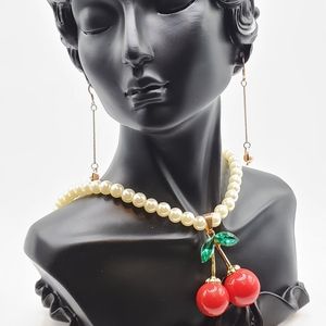 Rhinestone Cherry Statement Pearl Necklace & dangle earrings set